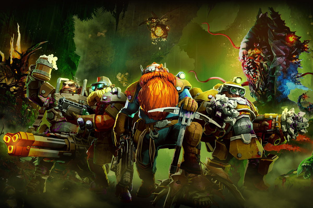 The four dwarves of a Deep Rock Galactic mining crew pose heroically in a mine infested with the Roxpox plague and its horrifying growths.