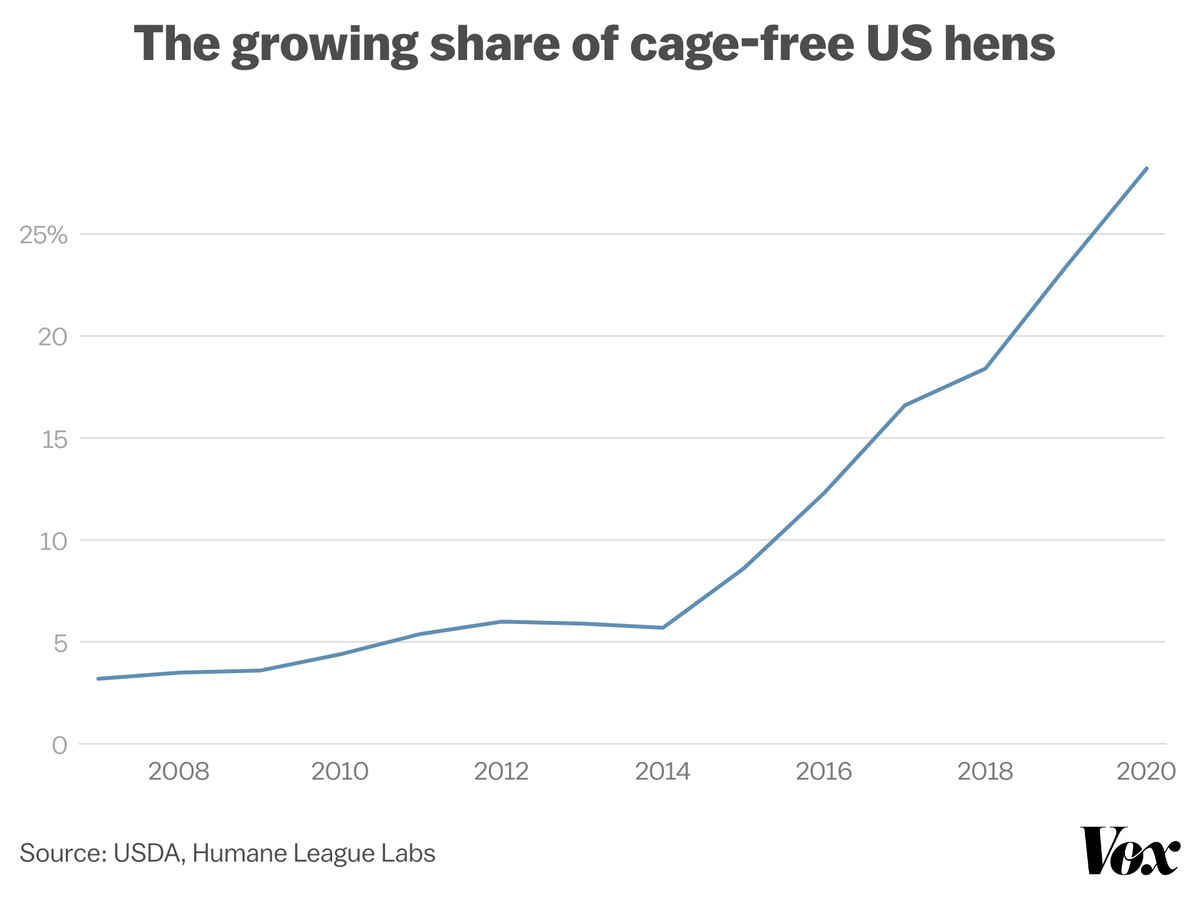 Chart showing the share of hens in cage-free housing has grown from single digits to more than 25 percent over the past decade.