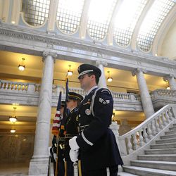The color guard prepares to walk to the podium as Sean Reyes took the oath of office as Utah's attorney general in the rotunda of the state Capitol in Salt Lake City on Monday, Dec. 30, 2013. Reyes replaces John Swallow, who resigned in November.