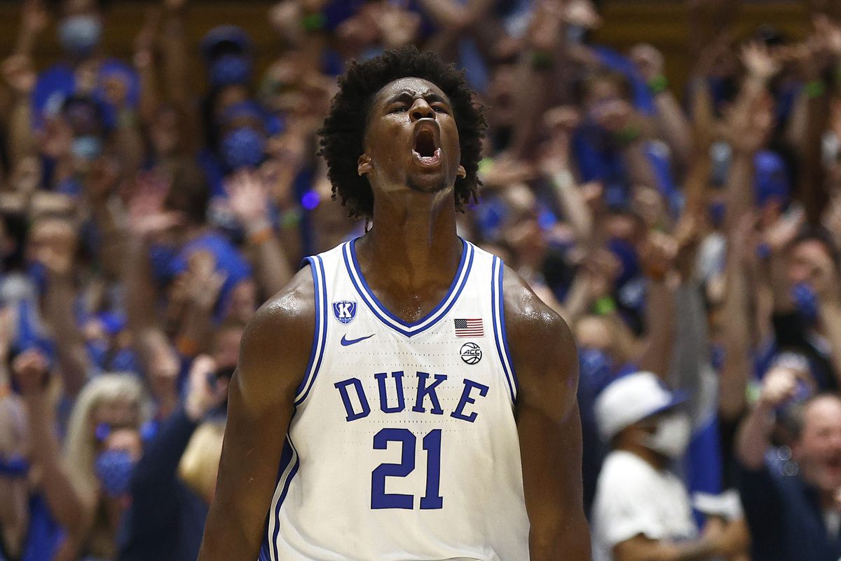Griffin #21 of the Duke Blue Devils reacts during the first half of the game against the North Carolina Tar Heels at Cameron Indoor Stadium on March 05, 2022 in Durham, North Carolina.