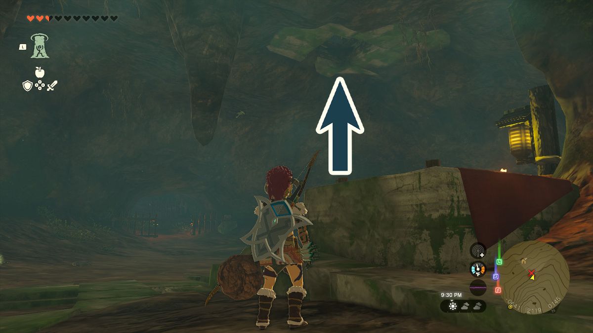 A graphic of an arrow pointing toward the ceiling, close to where Link just fought the Yiga Clan members, in Zelda: Tears of the Kingdom