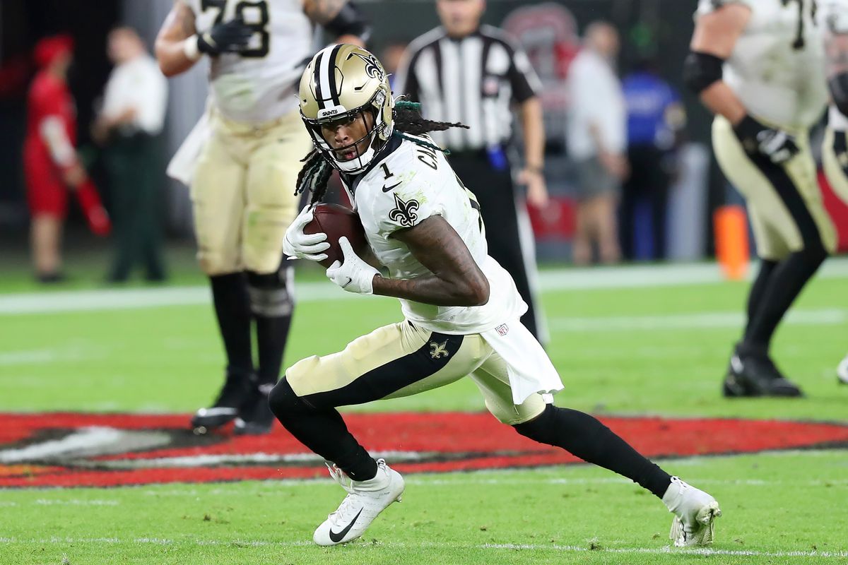 New Orleans Saints Wide Receiver Marquez Callaway (1) makes a catch and looks for additional yardage during the regular season game between the New Orleans Saints and the Tampa Bay Buccaneers on December 19, 2021 at Raymond James Stadium in Tampa, Florida.