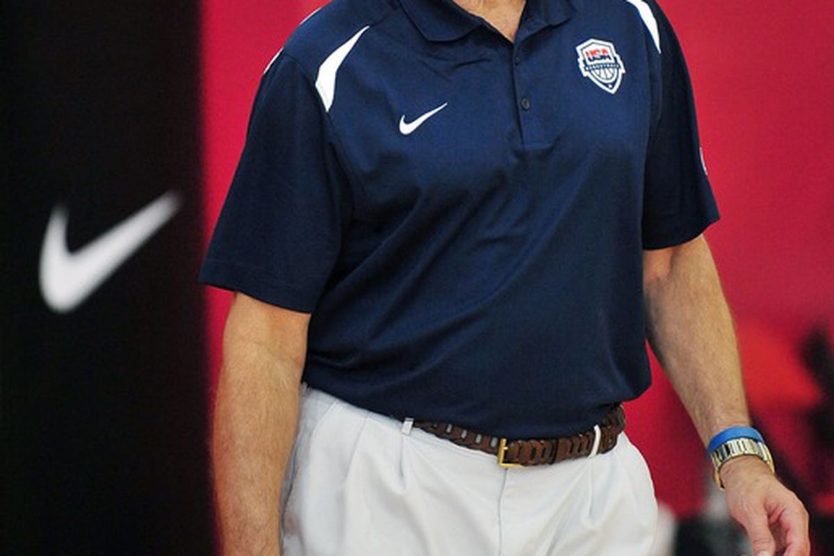 July 6, 2012; Las Vegas, NV, USA; Team USA head coach Mike Krzyzewski during practice at the UNLV Mendenhall Center. Mandatory Credit: Gary A. Vasquez-US PRESSWIRE