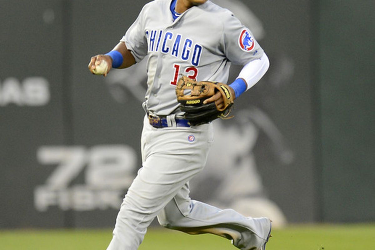Chicago, IL, USA; Chicago Cubs shortstop Starlin Castro reacts after making a spectacular running catch against the Chicago White Sox at US Cellular Field. Credit: Mike DiNovo-US PRESSWIRE