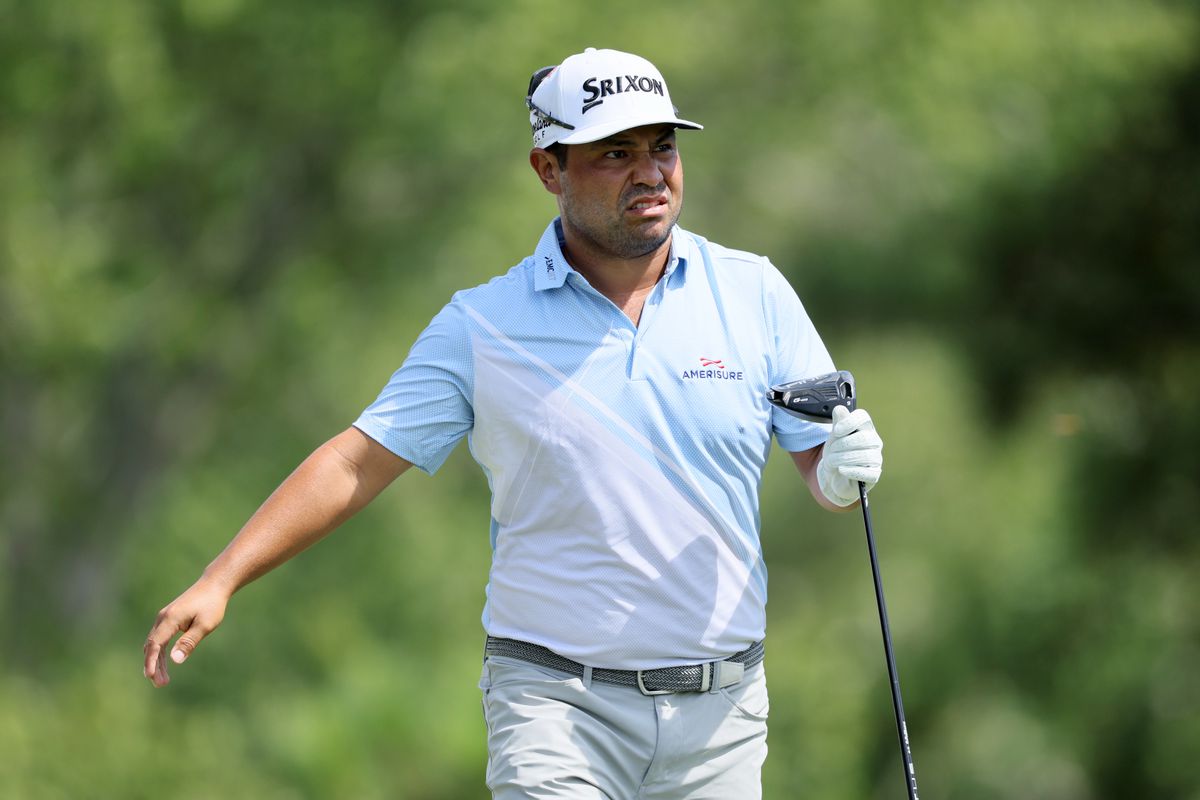 J.J. Spaun of the United States reacts to his shot plays his shot from the 17th tee during the second round of the FedEx St. Jude Championship at TPC Southwind on August 12, 2022 in Memphis, Tennessee.