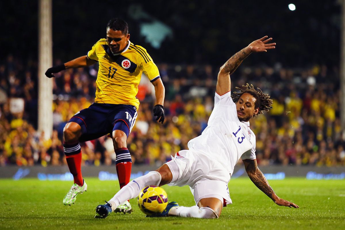 The USA's Jermaine Jones outmuscles Teo Gutierrez for the ball at Craven Cottage on Friday