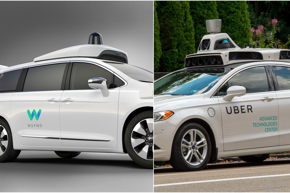 Two self-driving cars, one from Way and one from Uber