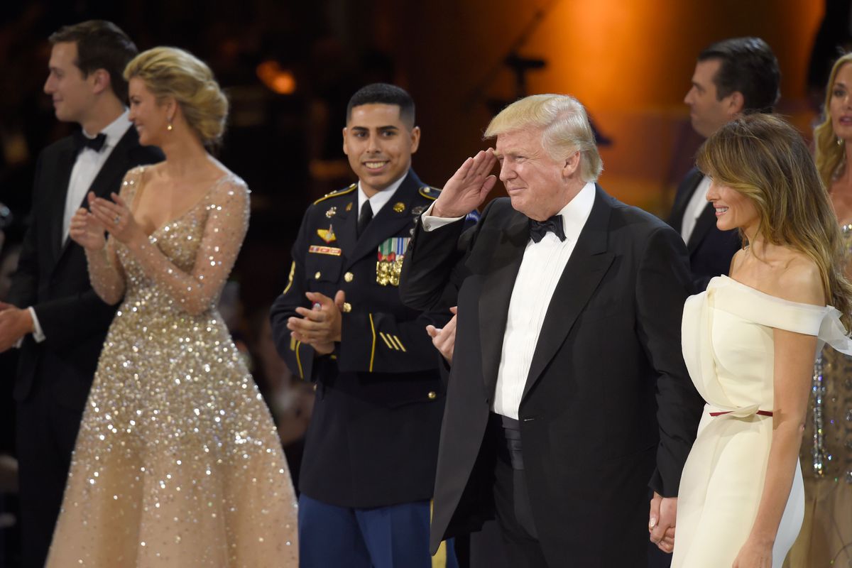Jared Kushner, Ivanka Trump, Donald Trump, and Melania Trump stand with a military officer at the Salute Our Armed Services Inaugural Ball&nbsp;