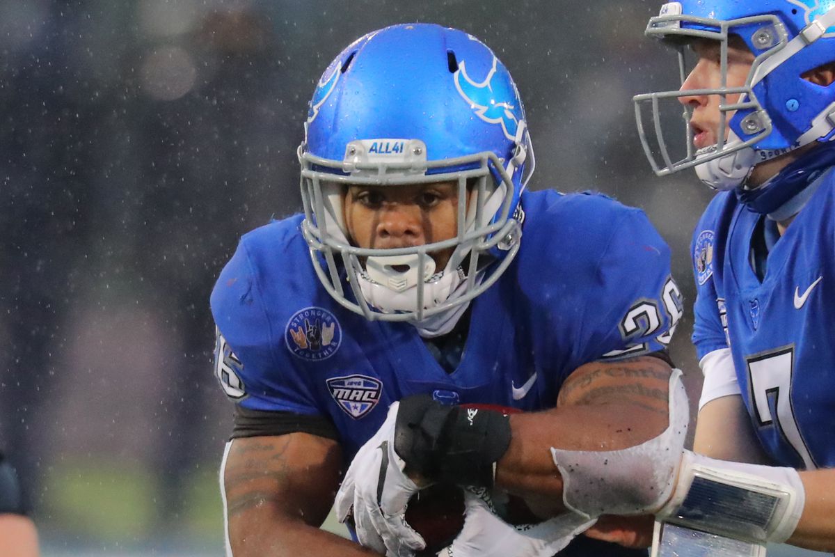 Jaret Patterson of the Buffalo Bulls runs the ball during the first half against the Akron Zips at UB Stadium on December 12, 2020 in Buffalo, New York.