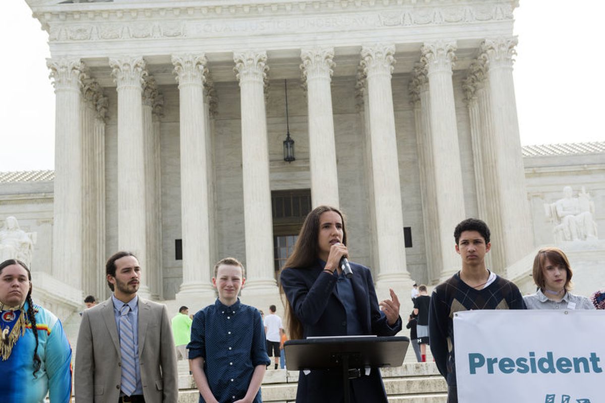 Earth Guardians Youth Director&nbsp;Xiuhtezcatl&nbsp;Martinez, one of the plaintiffs in the Juliana v. US climate lawsuit, speaks outside the US Supreme Court in 2017.