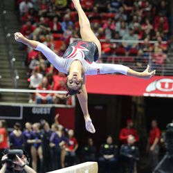 Utah's Kailah Delaney competes on beam as the University of Utah Red Rocks gymnastics team defeats the University of Washington Saturday, Feb. 13, 2016, in Salt Lake City.  
