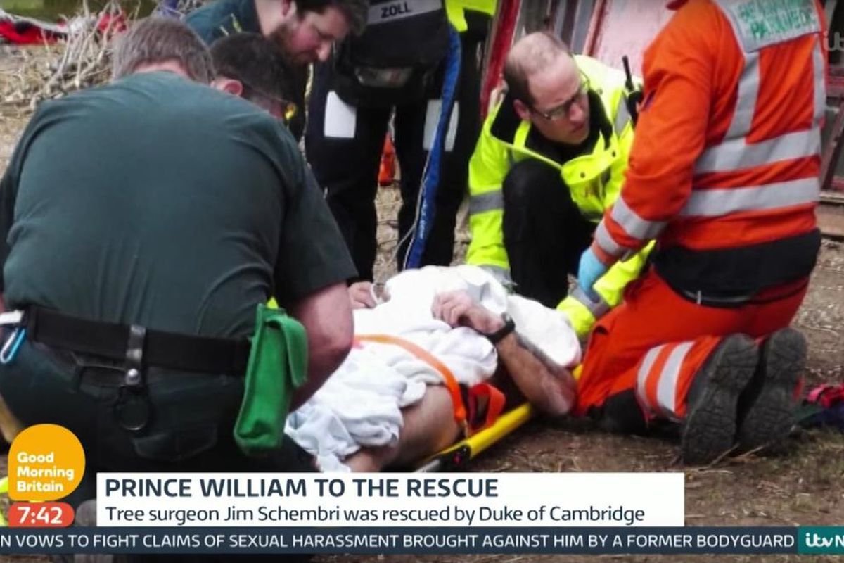 Prince William helps rescue tree surgeon Jim Schembri.