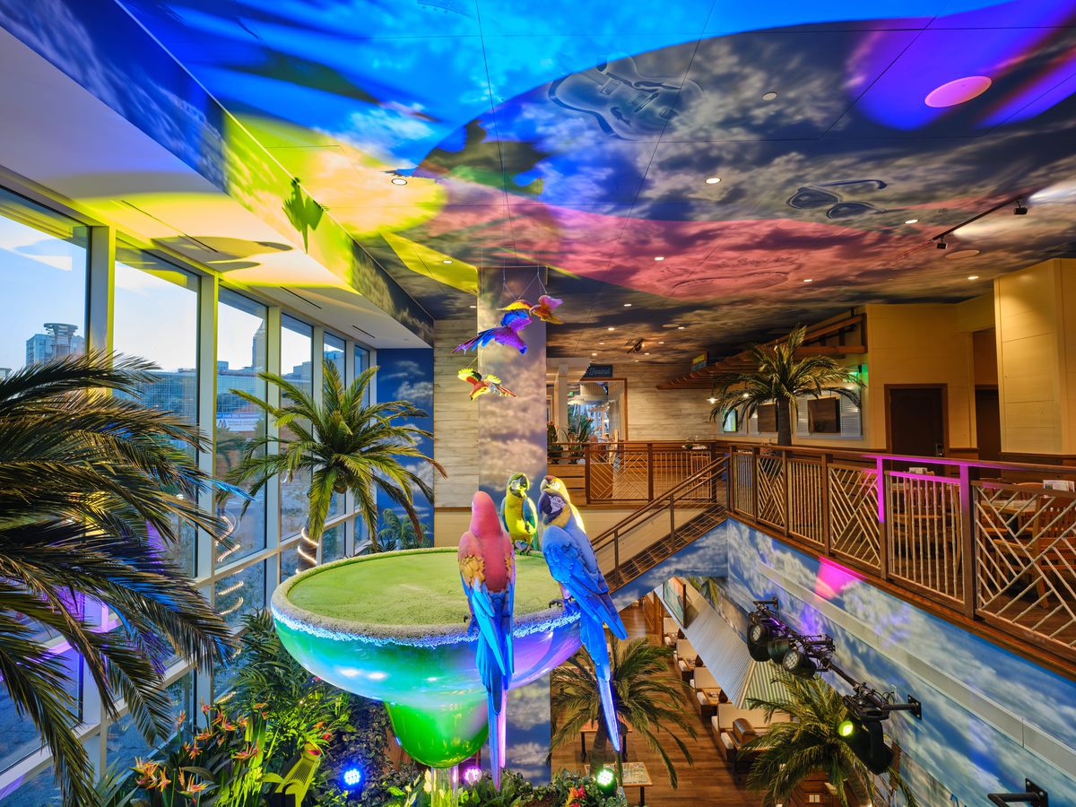 The over-the-top decor at Margaritaville Restaurant in Atlanta includes a painted wispy clouds and blue sky ceiling punctuated by tropical  colors of bright pink, neon green, and blue, as four parrots perch on the salted rim of a large lime green margarita glass surrounded by palm trees. 
