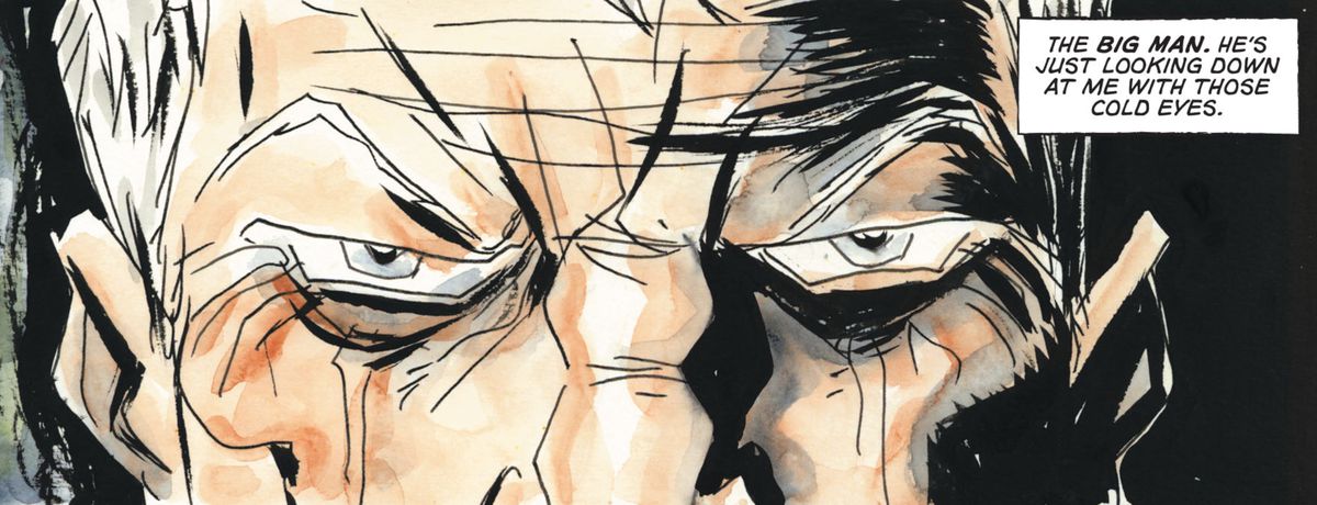 An older man looks sternly at the camera, with a narration box that says “The Big Man. He’s just looking at me with those cold eyes.” in Sweet Tooth: The Return #1, DC Comics (2020). 