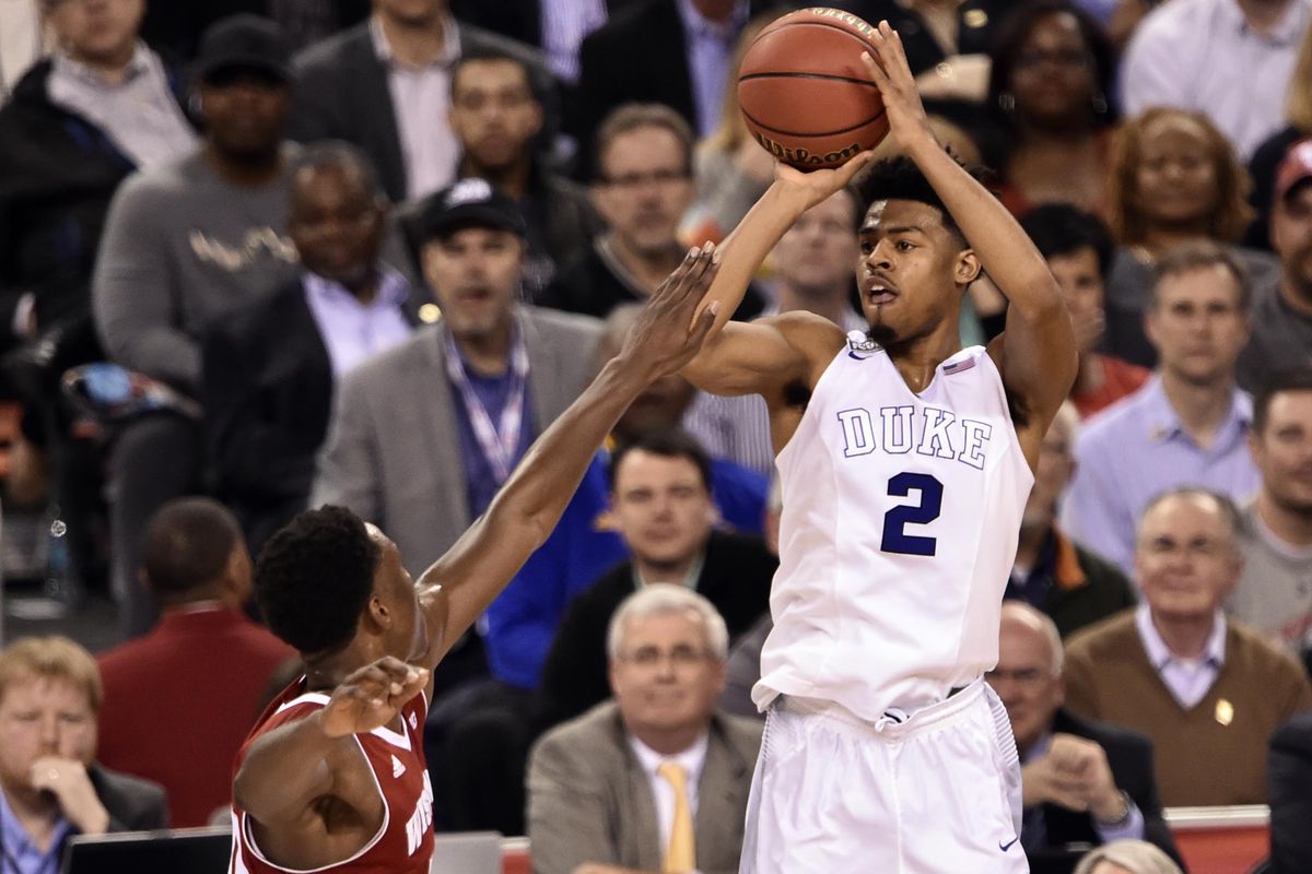Apr 6, 2015; Indianapolis, IN, USA; Duke Blue Devils guard Quinn Cook (2) shoots the ball during the second half against the Wisconsin Badgers in the 2015 NCAA Men's Division I Championship game at Lucas Oil Stadium. 