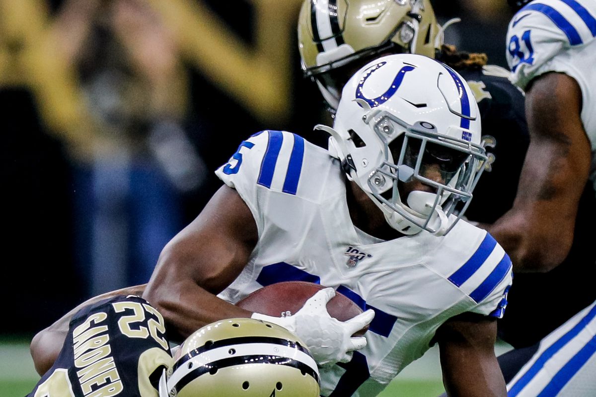 New Orleans Saints defensive back Chauncey Gardner-Johnson tackles Indianapolis Colts running back Marlon Mack on December 16, 2019 at the Mercedes-Benz Superdome in New Orleans, LA.