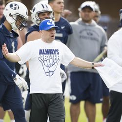 BYU tight ends coach Steve Clark instructs during spring camp in Provo.