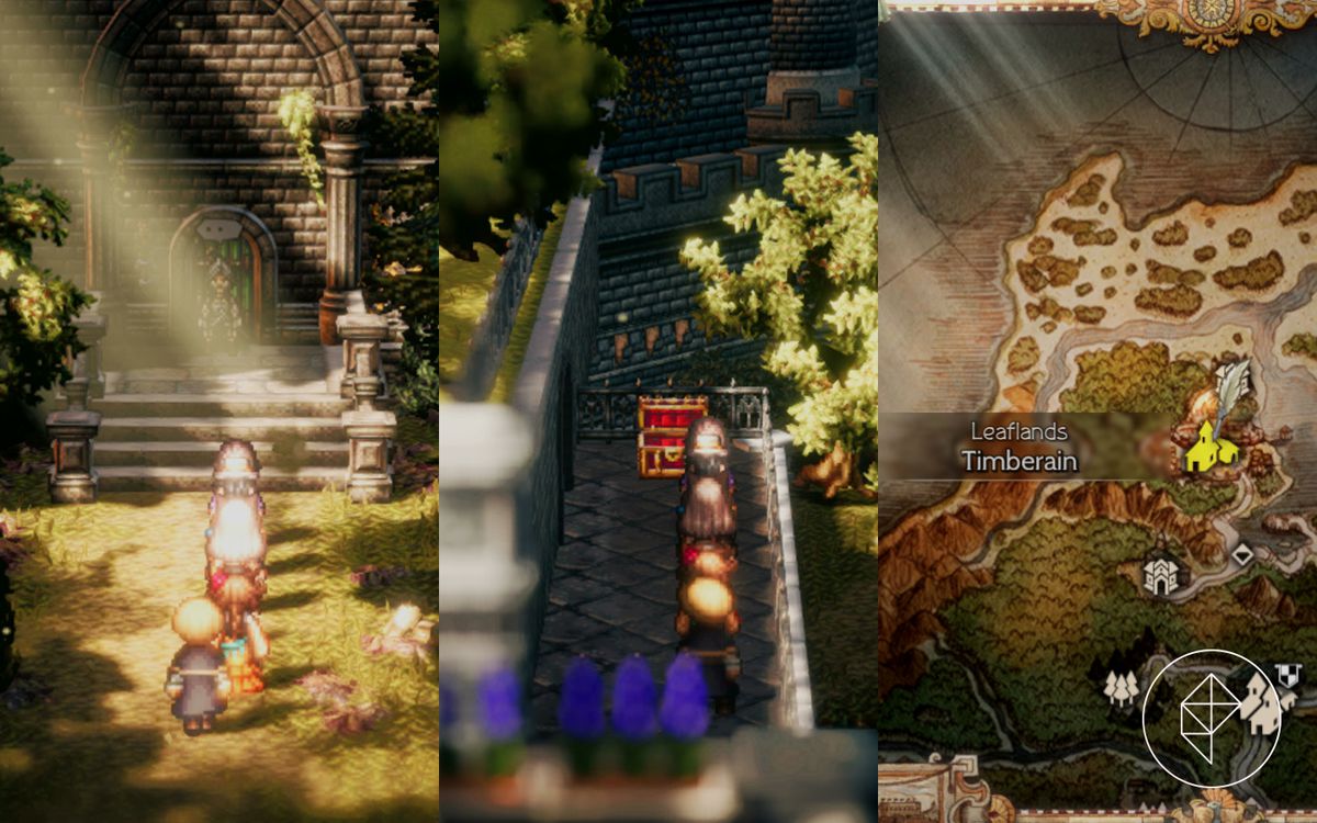 A gaggle of characters in Octopath Traveler 2 stand in front of a man and a chest in Timberain
