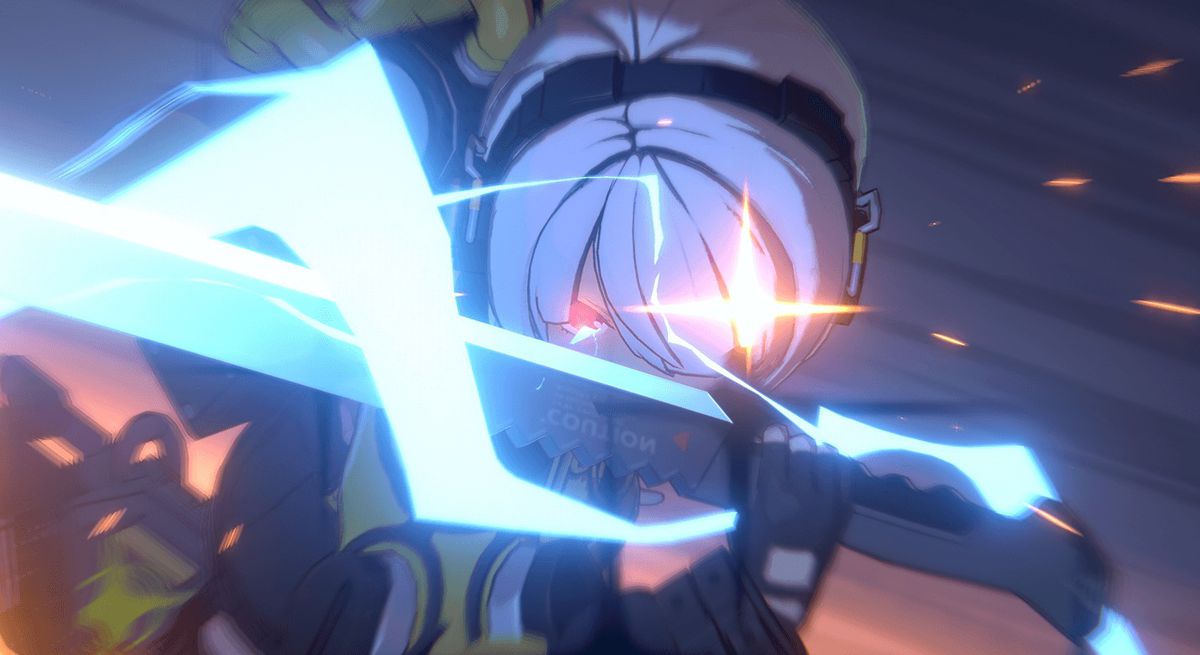 A character from Zenless Zone Zero with white hair and a black headband raises a glowing sword surrounded by blueish swirls of lightning