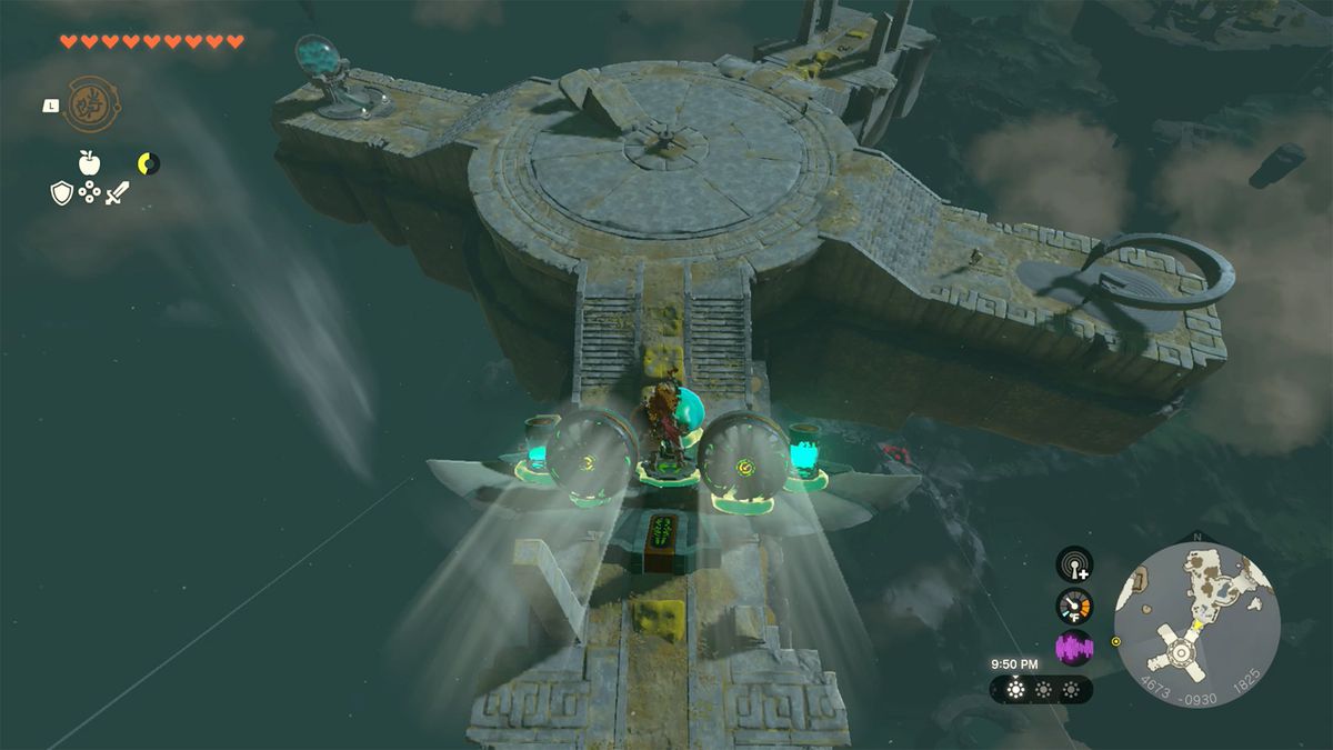 Link flies a Zonai wing glider toward Mayanas Shrine in The Legend of Zelda: Tears of the Kingdom