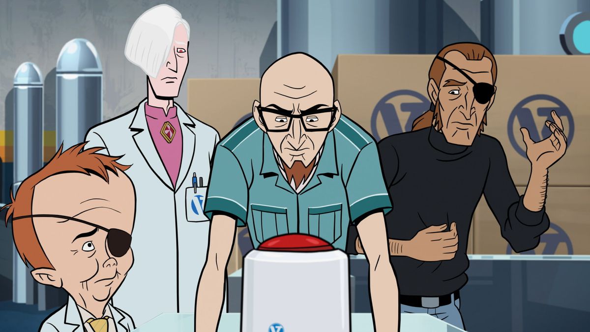 (L-R) Billy QuizBoy (Doc Hammer), Pete White (Christopher McCulloch), Dr. Venture (James Urbaniak), and The Pirate Captain (Christopher McCulloch) in The Venture Bros.: Radiant Is the Blood of the Baboon Heart.