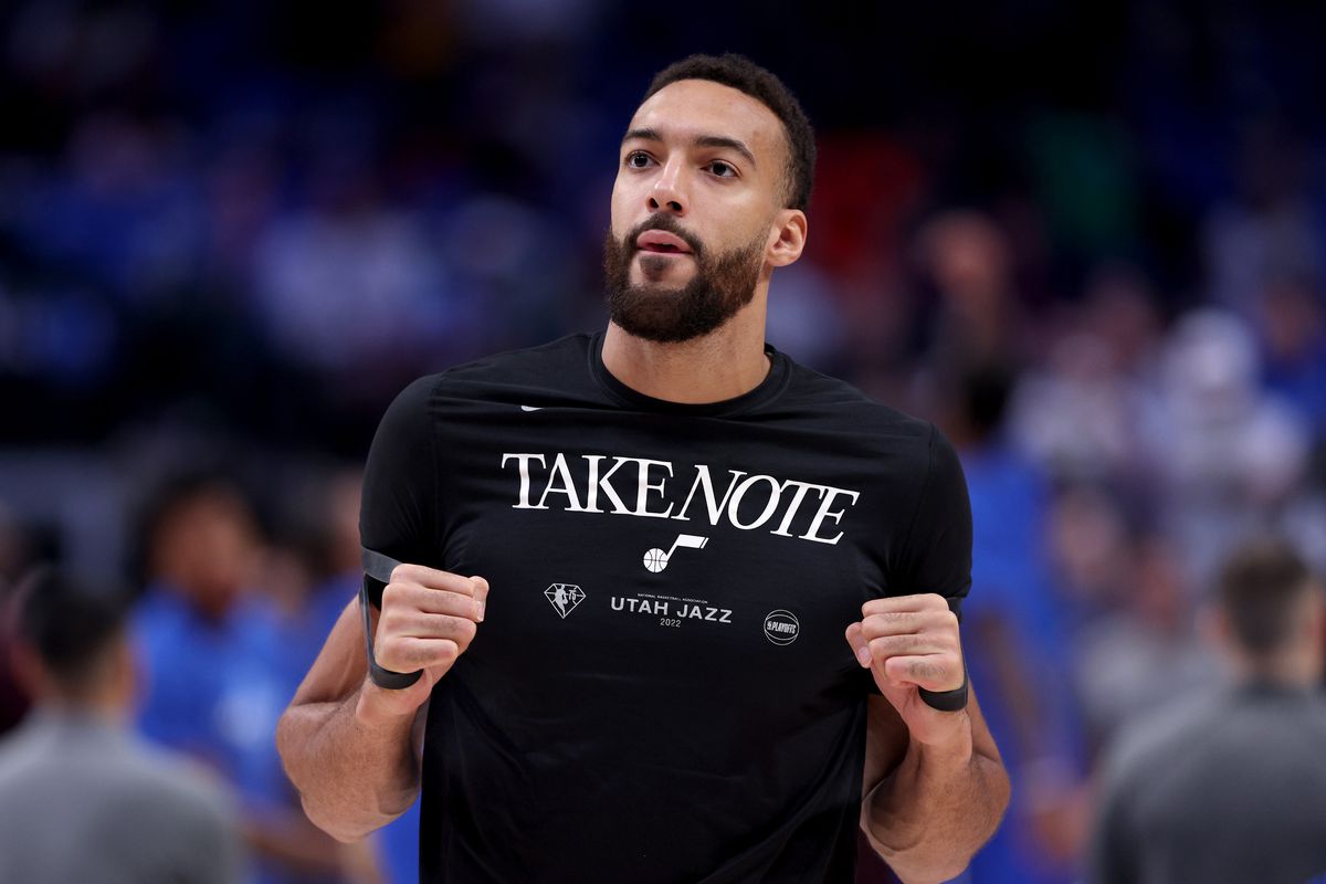 Rudy Gobert #27 of the Utah Jazz stretches before taking on the Dallas Mavericks at American Airlines Center on April 16, 2022 in Dallas, Texas.