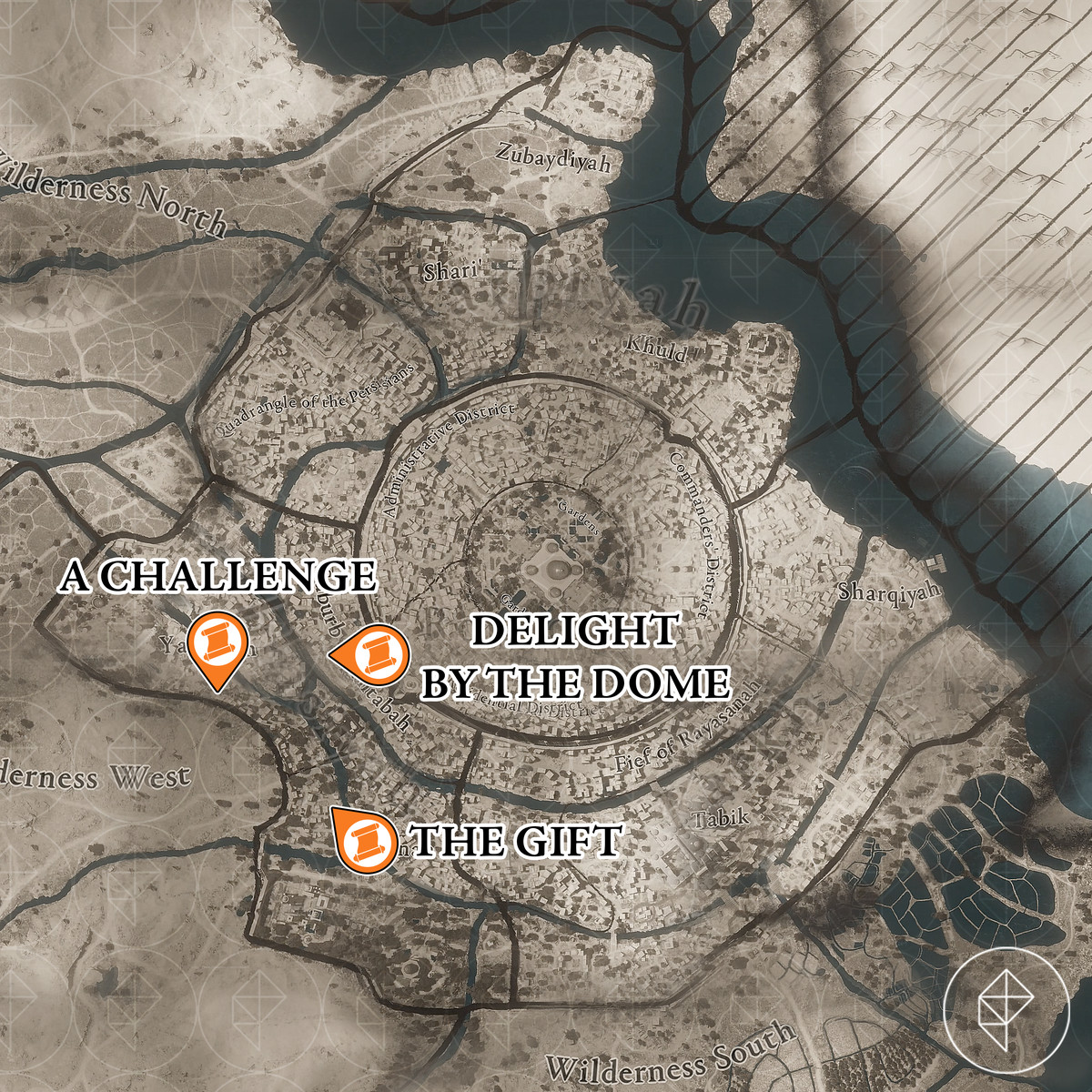 Assassin’s Creed Mirage map with Abbasiyah Enigmas and treasures marked