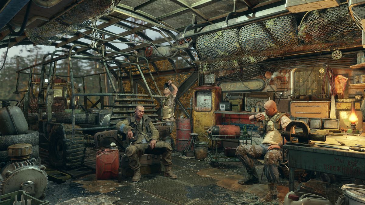 Allies recuperate after a battle in Metro Exodus.