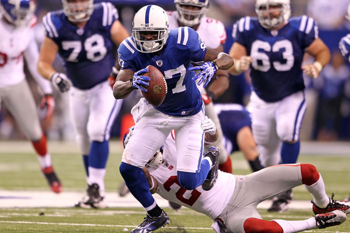 INDIANAPOLIS - SEPTEMBER 19:  Reggie Wayne #87 of the Indianapolis Colts runs with the ball during the NFL game against the New York Giants  at Lucas Oil Stadium on September 19 2010 in Indianapolis Indiana.  (Photo by Andy Lyons/Getty Images)
