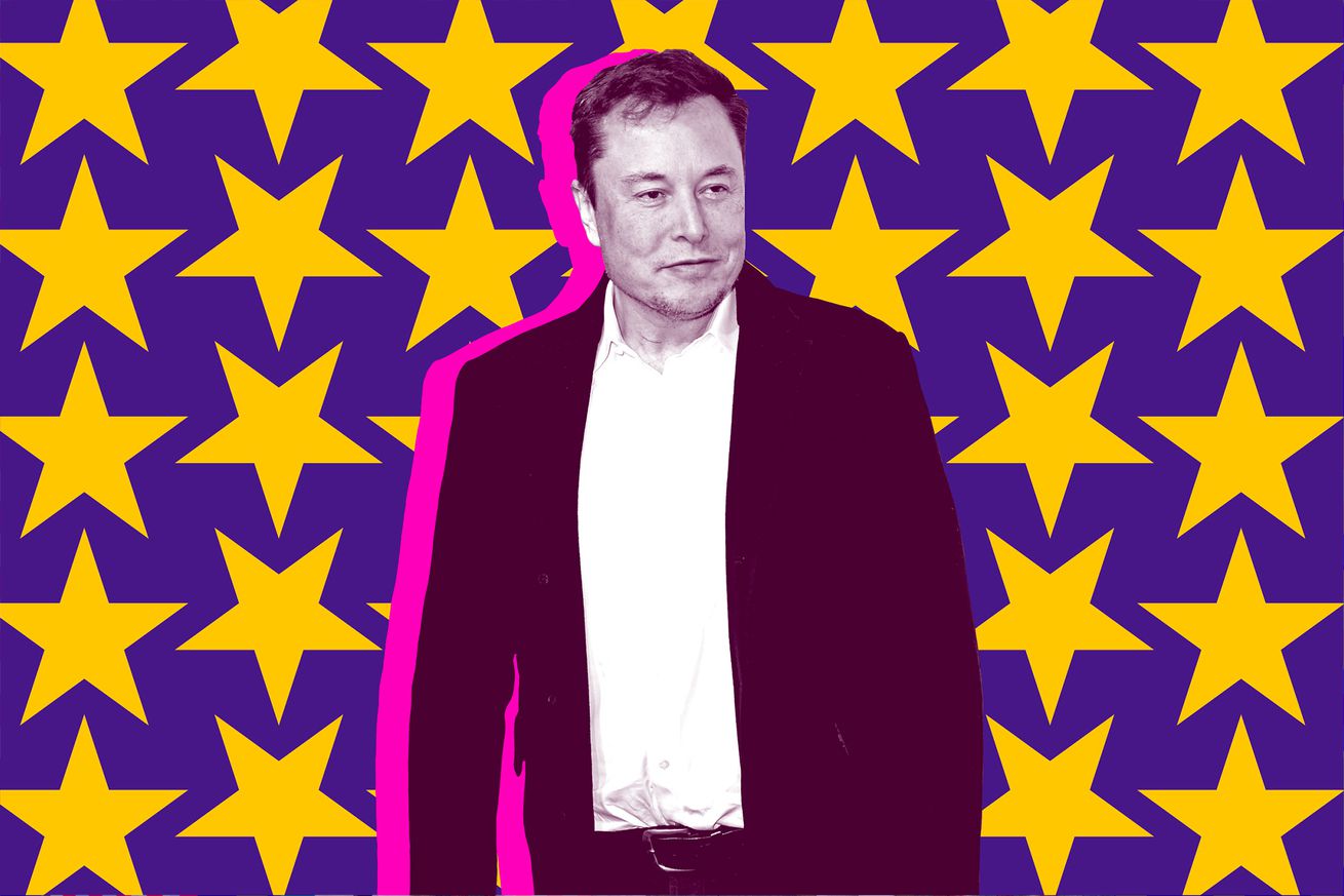 Illustration of Elon Musk standing with a purple background covered in yellow stars.