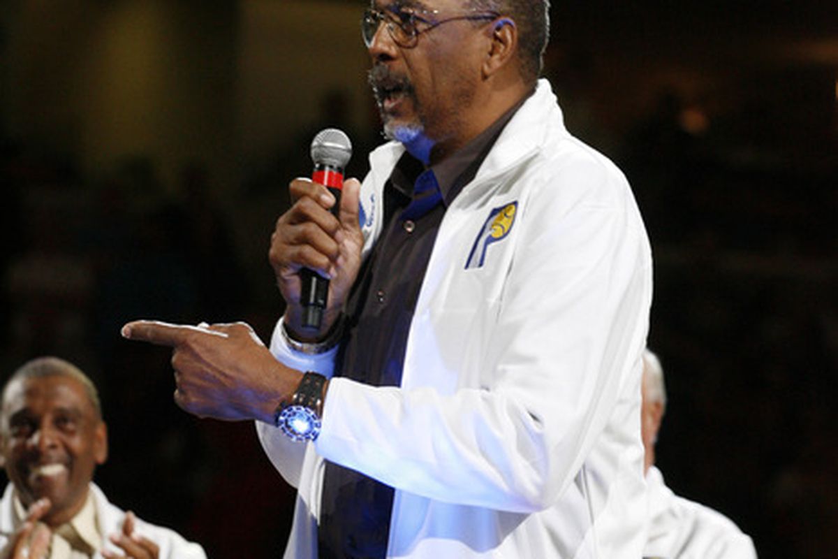 Apr 25, 2012; Indianapolis, IN, USA; Former Indiana Pacers center Mel Daniels speaks during a ceremony to celebrate his induction into the Naismith Hall of Fame at Bankers Life Fieldhouse.  Mandatory Credit: Brian Spurlock-US PRESSWIRE