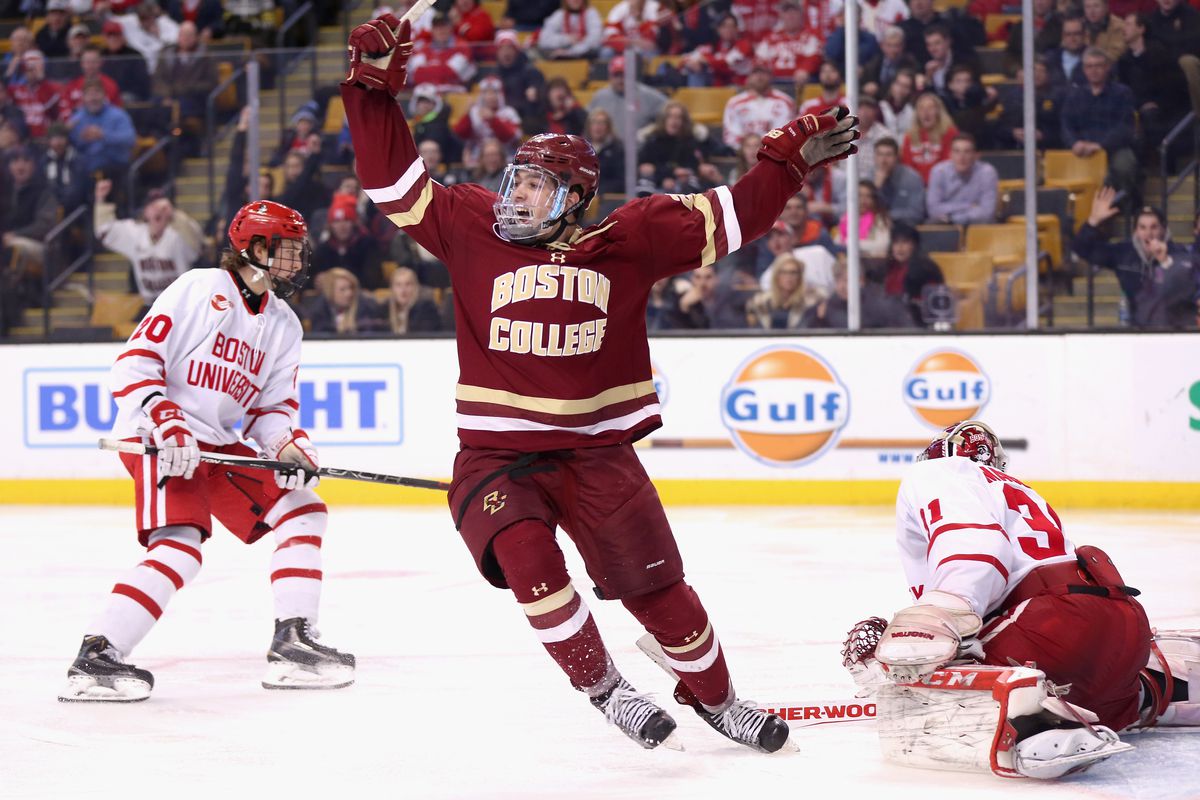 BOSTON, MA - FEBRUARY 08:  Zach Sanford #24 of Boston College reacts after Alex Tuch #12 scored a game winning goal in overtime to defeat Boston University in the Beanpot Tournament championship game at TD Garden on February 8, 2016 in Boston, Massachusetts.  (Photo by Billie Weiss/Getty Images)