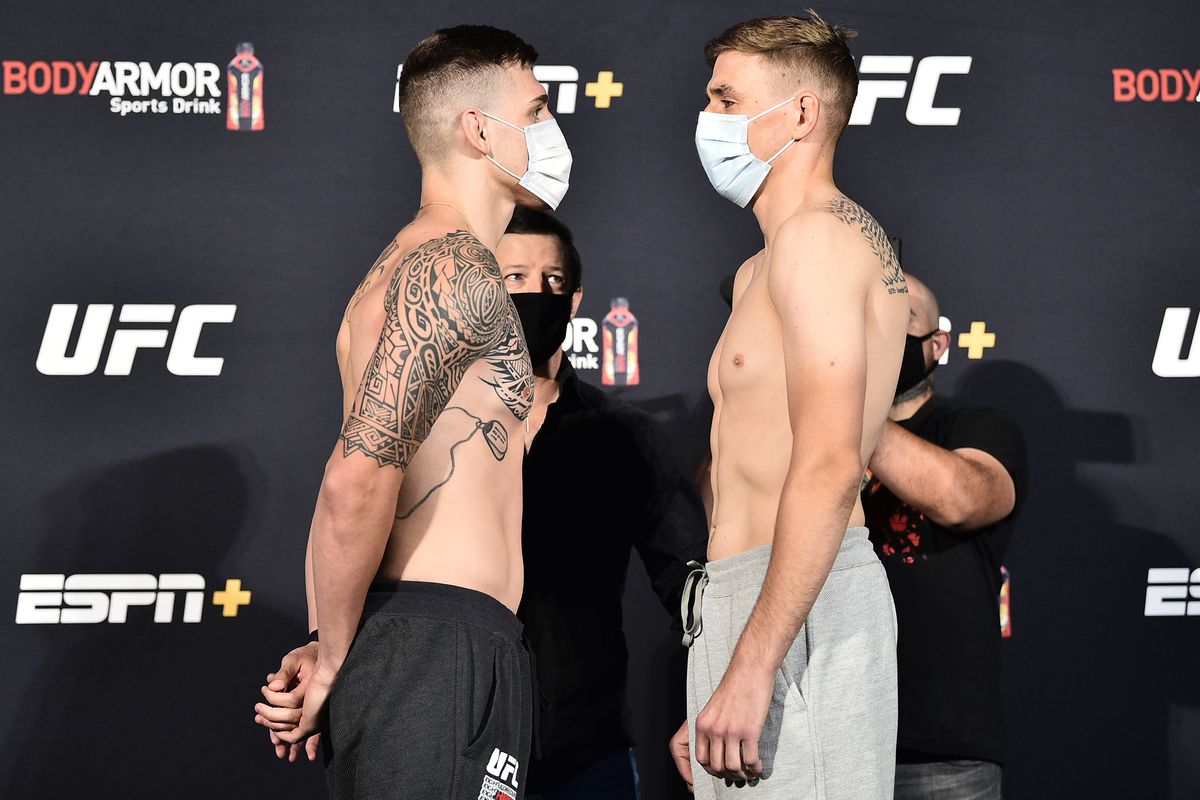 Opponents Brendan Allen and Kyle Daukaus face off during the UFC weigh-in at UFC APEX on June 26, 2020 in Las Vegas, Nevada.