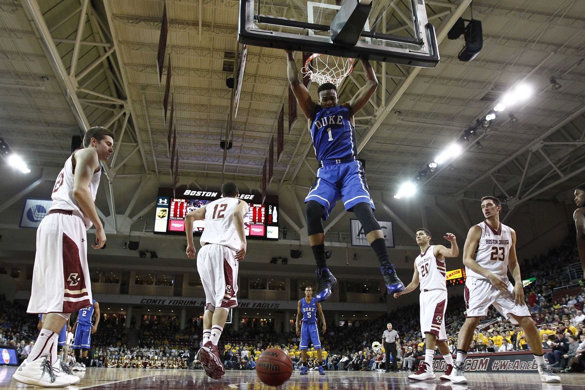 Duke Blue Devils forward Jabari Parker (1) gets a technical foul for slapping the backboard against the Boston College Eagles during the second half at Silvio O. Conte Forum