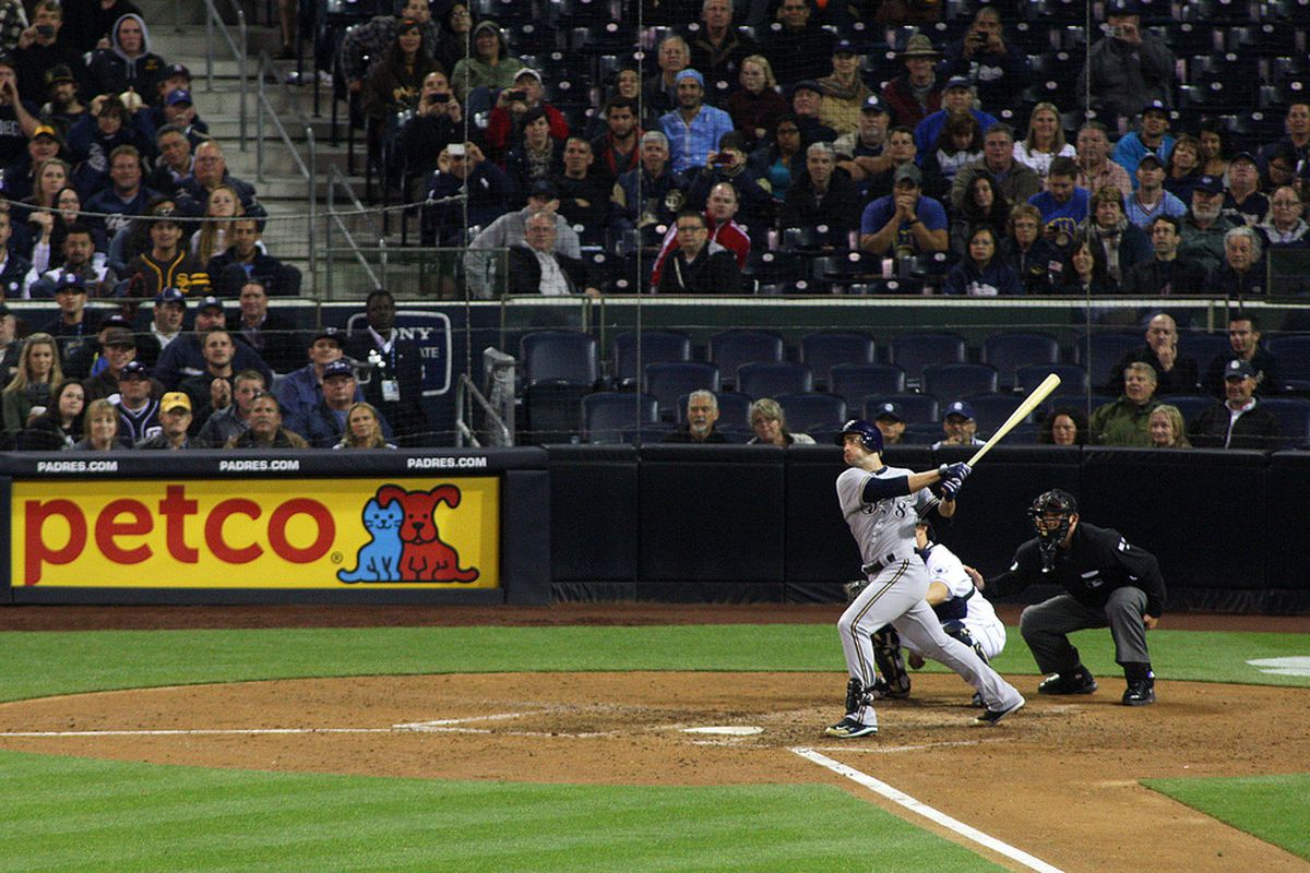 Apr 30, 2012; San Diego, CA, USA; Milwaukee Brewers left fielder Ryan Braun (8) hits a two RBI triple during the ninth inning against the San Diego Padres at PETCO Park.  Mandatory Credit: Jake Roth-US PRESSWIRE