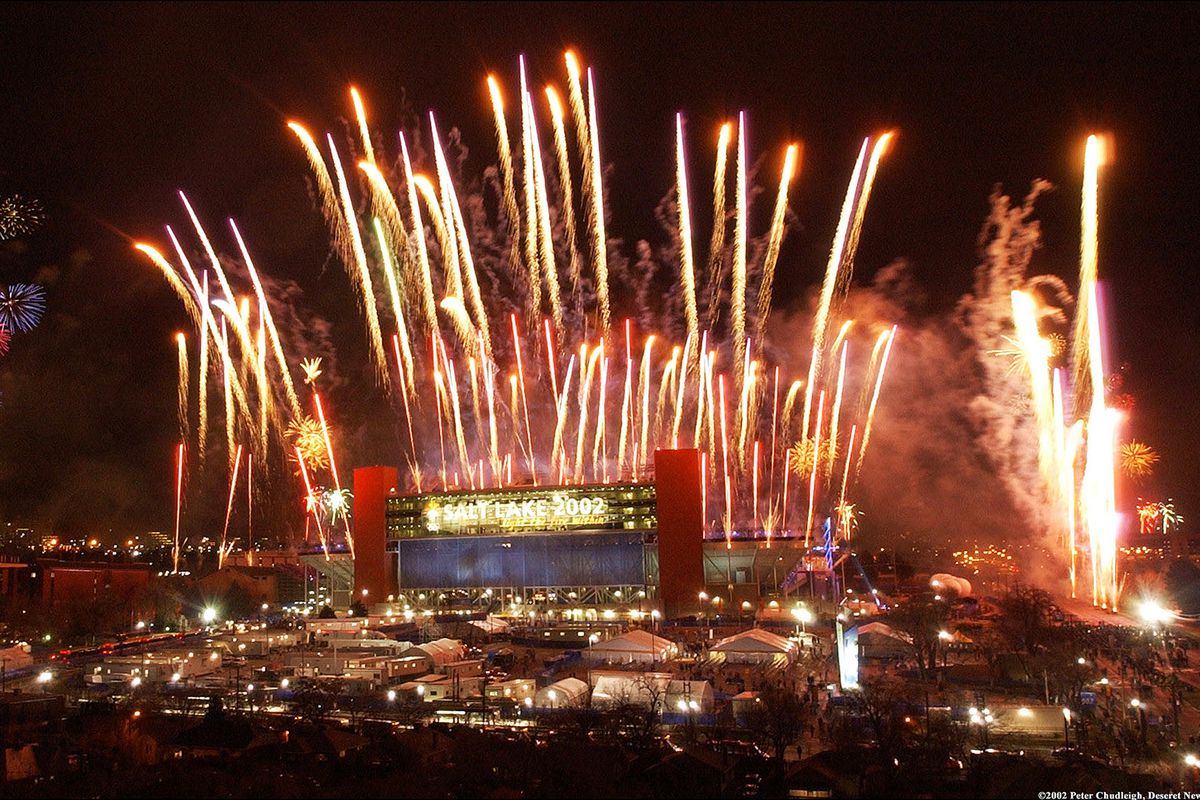 The closing ceremony of the 2002 Olympics takes place at Rice Eccles Stadium in Salt Lake City in 2002.