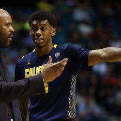 Cal Bears guard Tyrone Wallace (3) talks with head coach Cuonzo Martin, left, during the Pac-12 conference tournament semifinal against the Utah Utes at the MGM Grand Garden Arena in Las Vegas, Friday, March 11, 2016.