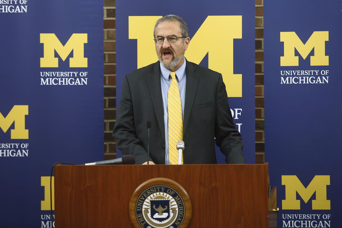 University of Michigan president Mark Schlissel announces the resignation of athletic director Dave Brandon.