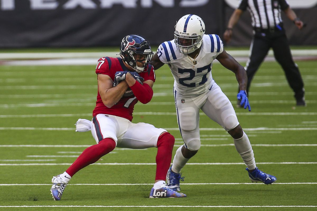 Houston Texans wide receiver Chad Hansen (17) makes a reception as Indianapolis Colts cornerback Xavier Rhodes (27) defends during the second quarter at NRG Stadium.&nbsp;