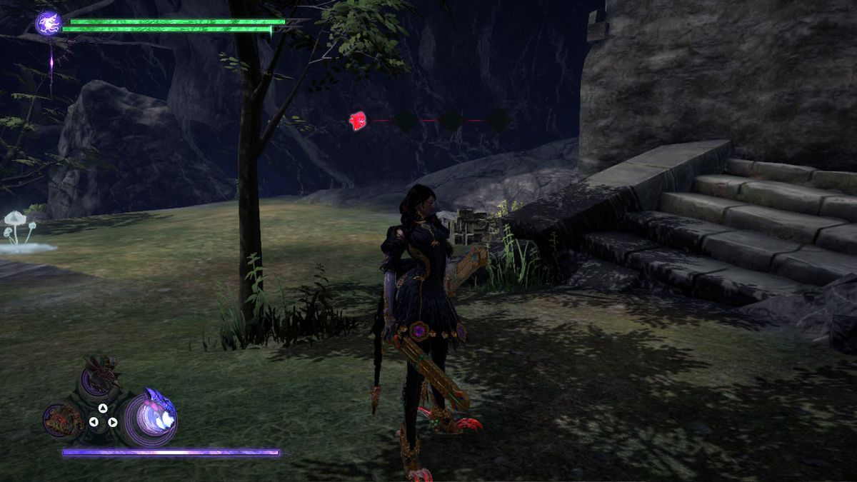 Bayonetta stands near a set of stairs in a grassy field in Bayonetta 3.
