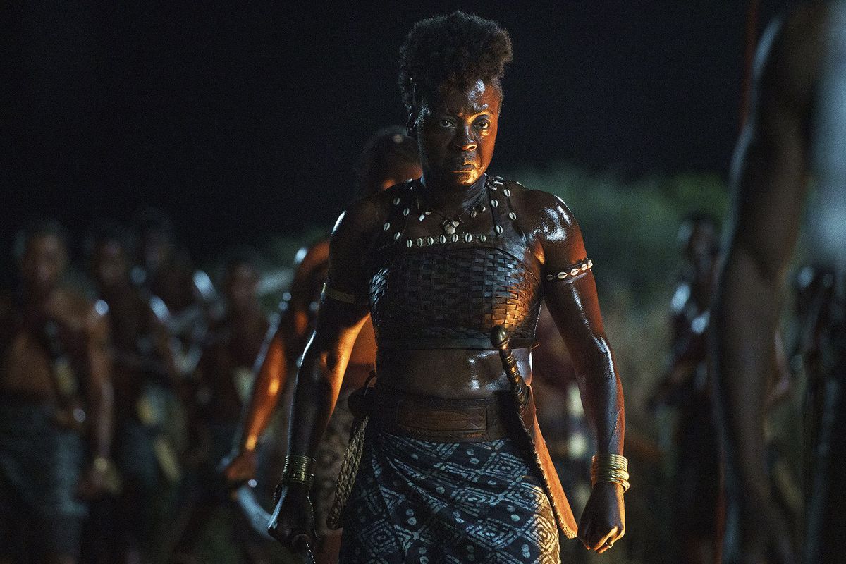 Viola Davis stands strong as Nanisca in The Woman King.