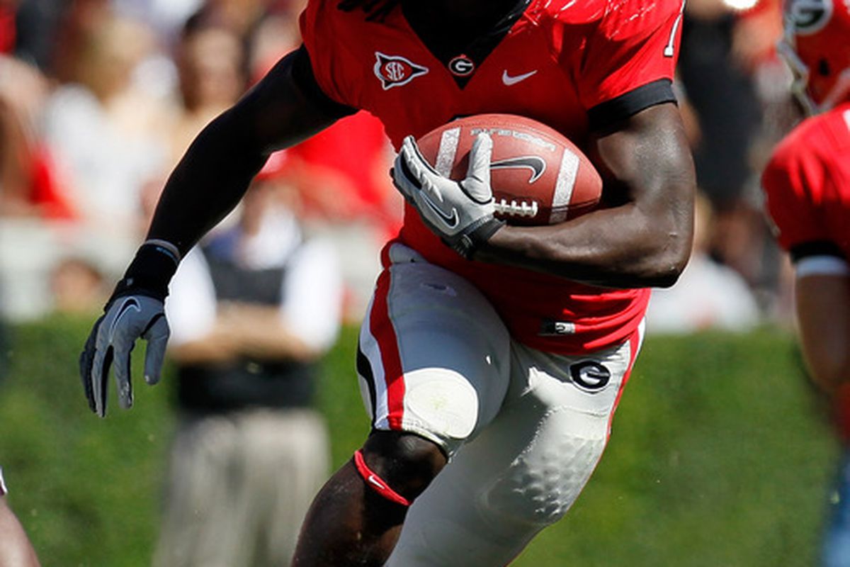 ATHENS, GA - OCTOBER 01:  Isaiah Crowell #1 of the Georgia Bulldogs rushes upfield against the Mississippi State Bulldogs at Sanford Stadium on October 1, 2011 in Athens, Georgia.  (Photo by Kevin C. Cox/Getty Images)
