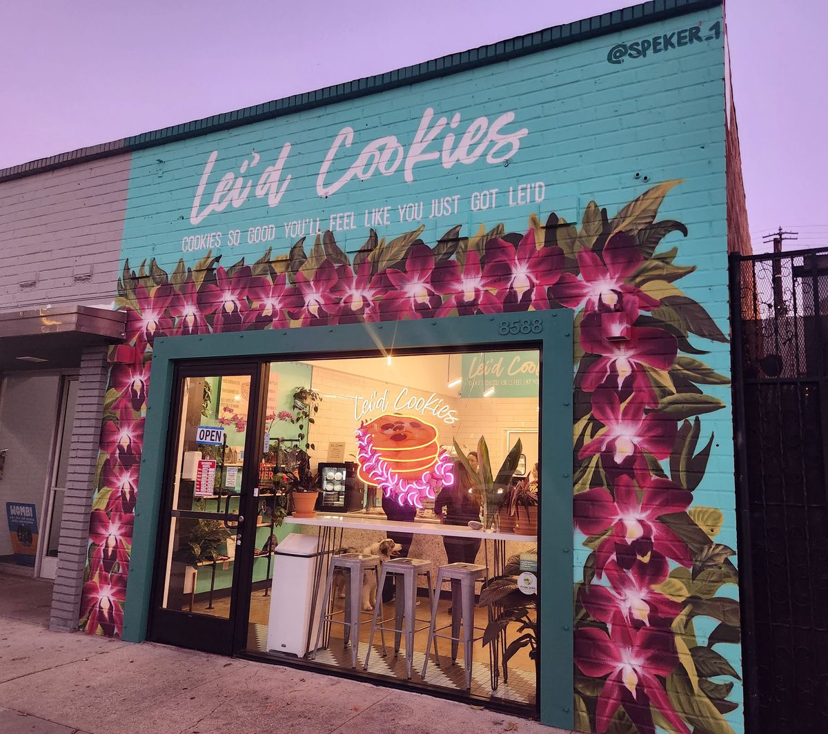 The Lei’d Cookies store with high windows and neon sign in Culver City.