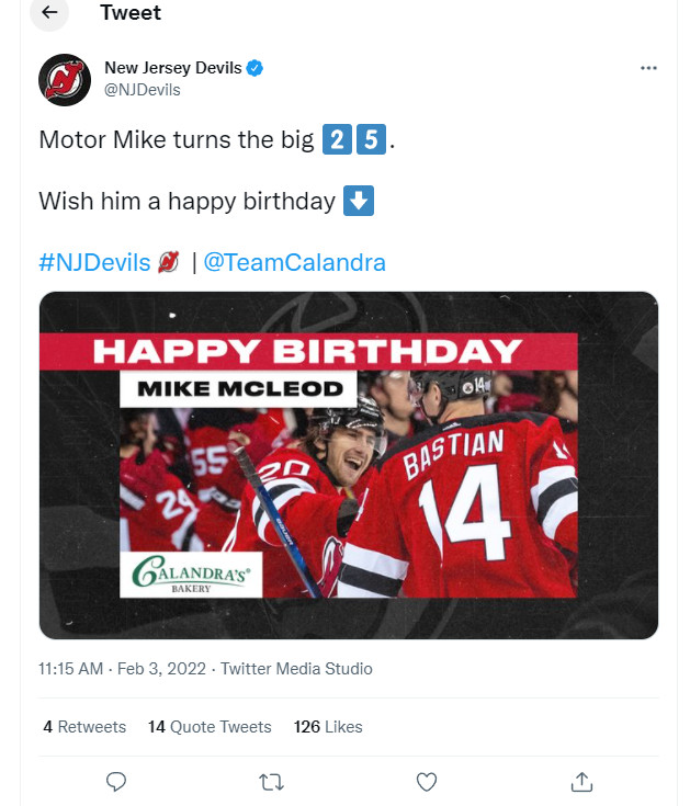 Devils’ original tweet celebrating McLeod’s birthday.