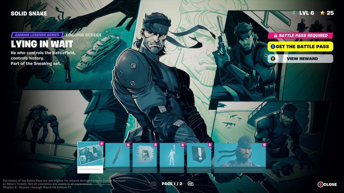 A menu shows the Solid Snake skin appear in the battle pass for Fortnite Chapter 5 Season 1.