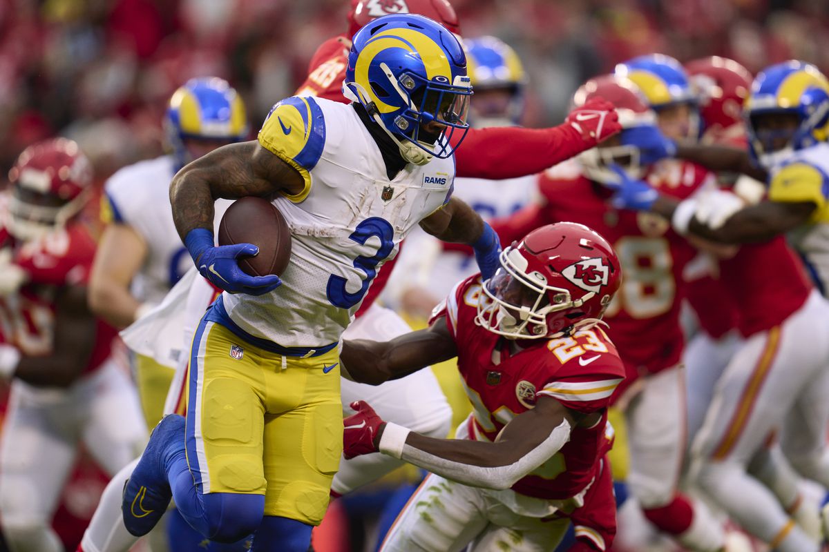 Cam Akers #3 of the Los Angeles Rams carries the ball against the Kansas City Chiefs during the first half at GEHA Field at Arrowhead Stadium on November 27, 2022 in Kansas City, Missouri.