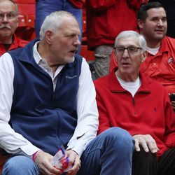 Former Jazz player Mark Eaton and coach Jerry Sloan talk prior to the Utah game in Salt Lake City on Thursday, Feb. 22, 2018.