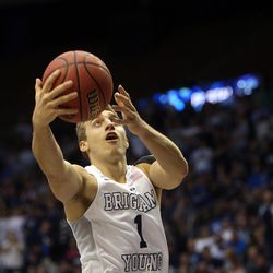 Brigham Young Cougars guard Zac Seljaas attempts a layup during the first round of the NIT versus the UAB Blazers at the Marriott Center in Provo, Wednesday, March 16, 2016.