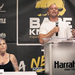Chris Lytle (right) and Bec Rawlings attend the BKFC 2 pre-fight press conference at Harrah’s Gulf Coast in Biloxi, Mississippi.