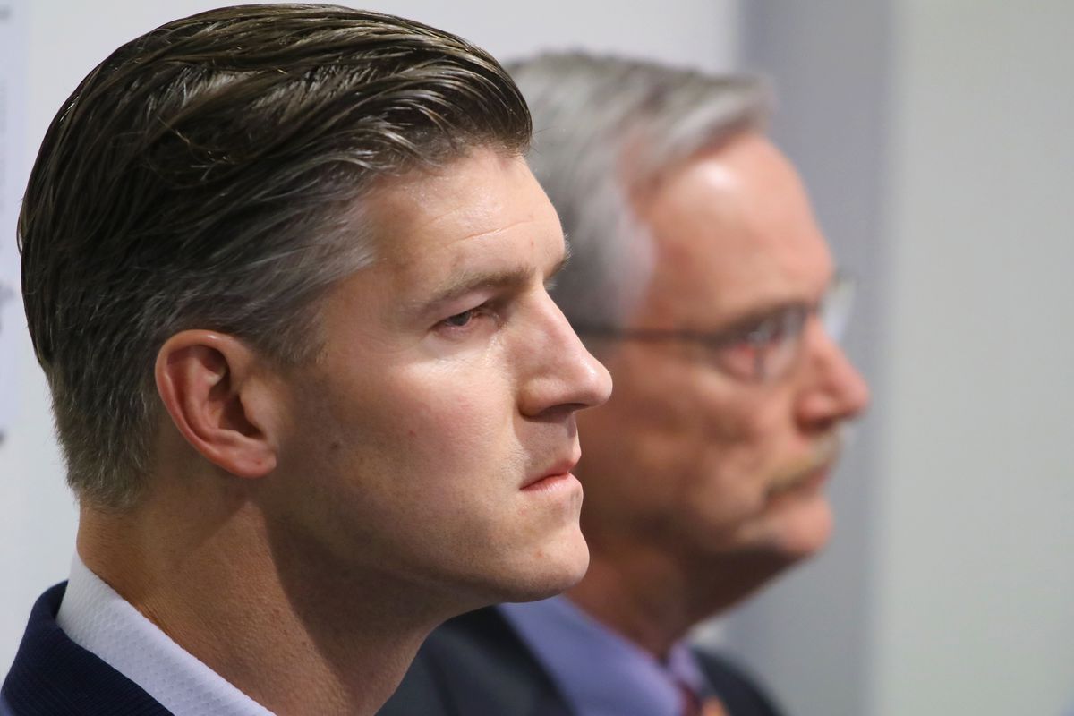 The Bears are 42-54 (.438) in six seasons with Ryan Pace (foreground) as general manager, though 28-20 with two playoff appearances in the last three seasons. After back-to-back 8-8 seasons, Bears chairman George McCaskey (background) will decide if Pace will remain as GM. 